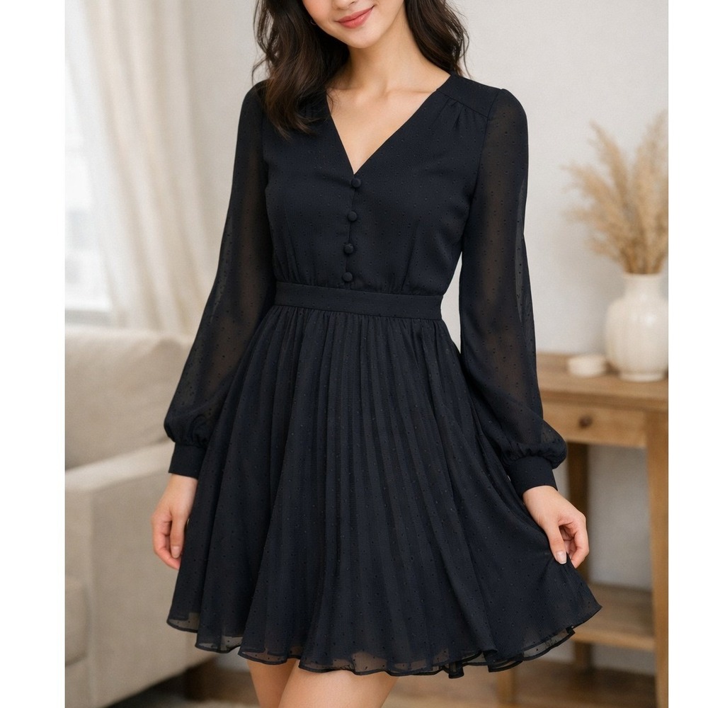 Ann Taylor Petite Black Clip Dot Pleated V-Neck Long Sleeve Dress 00P Classic